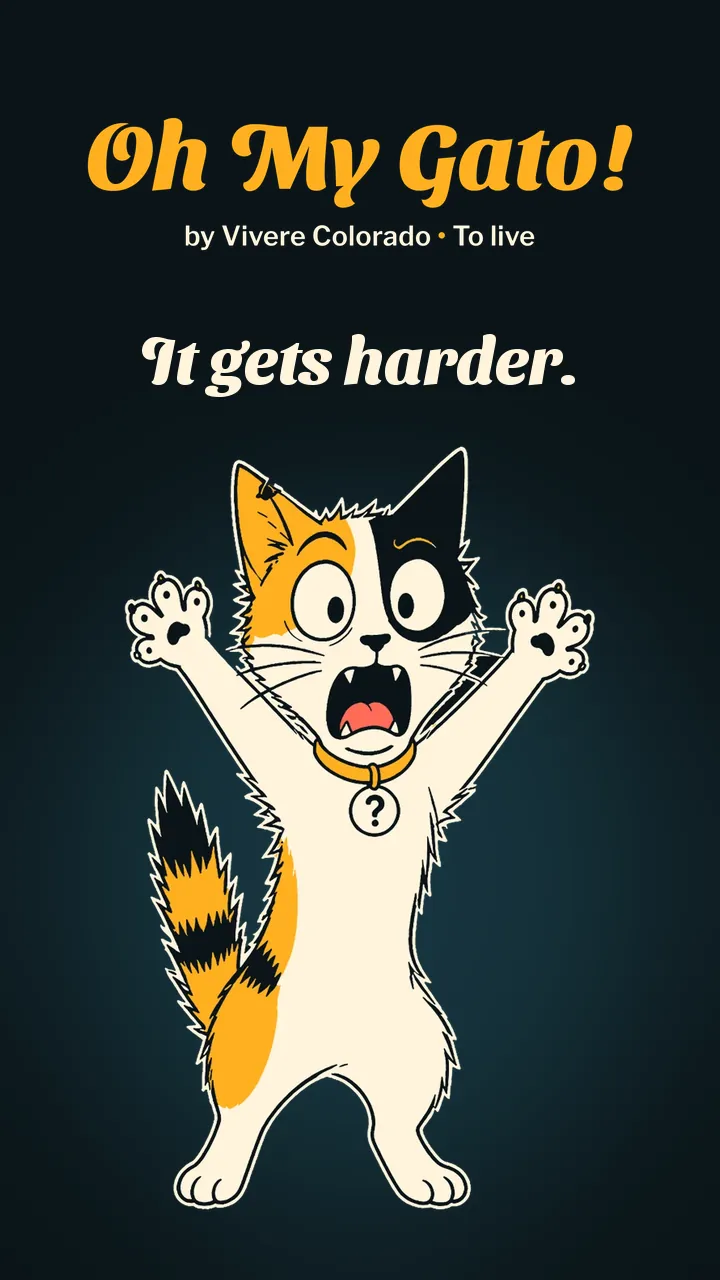Oh My Gato! by Vivere Colorado, To live. It gets harder. A startled calico cat with its paws up.