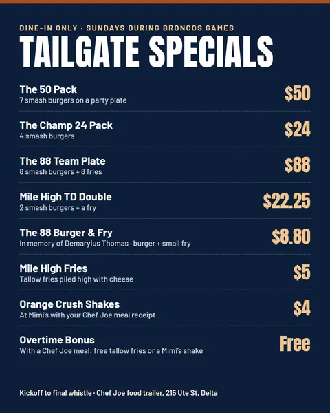 El pizarrón de especiales del partido: The 50 Pack, Champ 24 Pack, 88 Team Plate, Mile High TD Double y más, con precios.